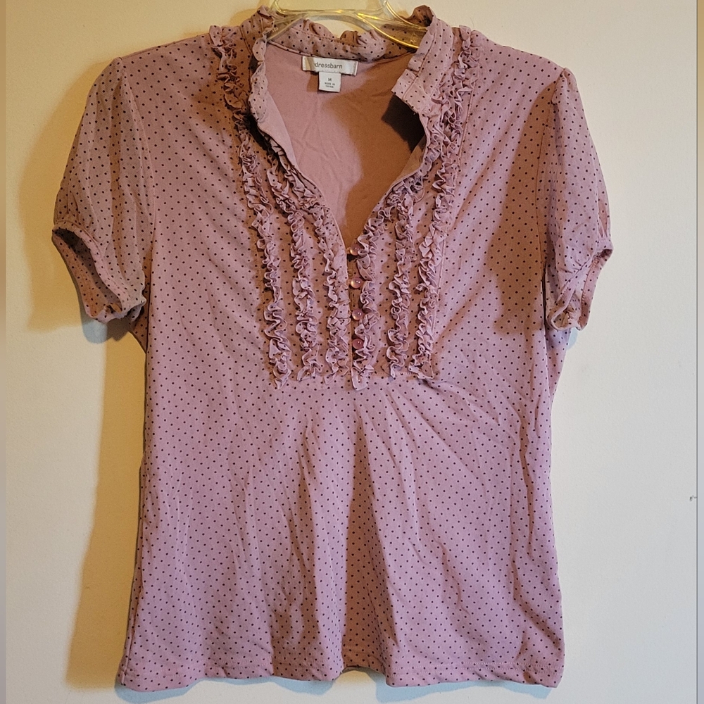 DRESS BARN Women's Pink With Black Polka Dota Ruffled Top